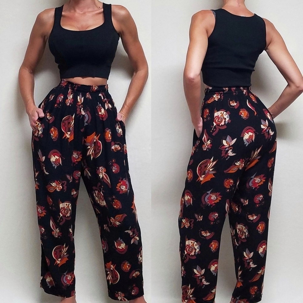 Vintage Jackpot Abstract Bird Print Crinkle Fabric High Waist Crop Harem Pants M